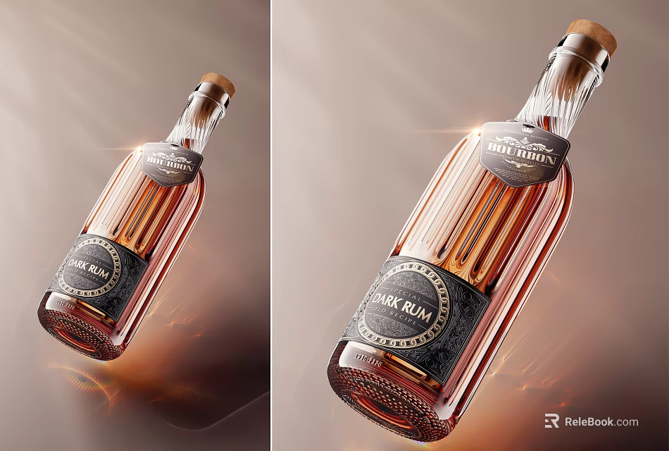 Elegant Dark Rum Beverage With Shiny Glass Bottle And Wooden Cork Stopper 3d model 