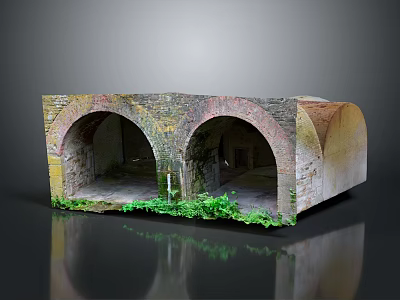 Ancient Weathered Stone Structure With Two Arches And Green Plants At Base 3d model
