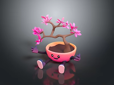 Cute Cartoon Potted Plant With Smiling Face Arms Legs And Pink Flowers 3d model