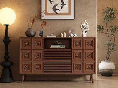 Brown Carved Sideboard With Decorative Items Floor Lamp Wall Art And Potted Plant 3d model