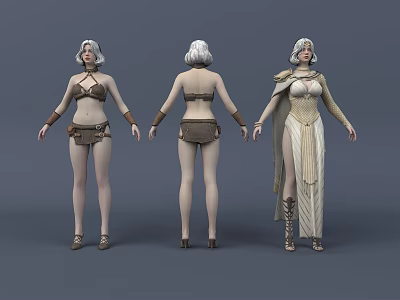 Game and Movie Female Character 3D Model with Three Views and Different Costumes 3d model