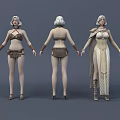 Game and Movie Female Character 3D Model with Three Views and Different Costumes