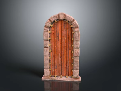 Rustic Arch Wooden Door With Stone Frame And Metal Hinges Design 3d model