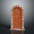 Rustic Arch Wooden Door With Stone Frame And Metal Hinges Design