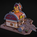 Cartoon Bar Scene With Orange Roof And Clock Decorations Wooden Barrels Benches And Stairs