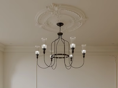 Black Metal Frame Chandelier With Glass Shades And Ceiling Medallion On Light Colored Walls 3d model