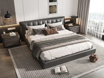 Modern Double Bed With Leather Headboard Striped Blanket Pillows Nightstands And Rug In Bright Bedroom 3d model