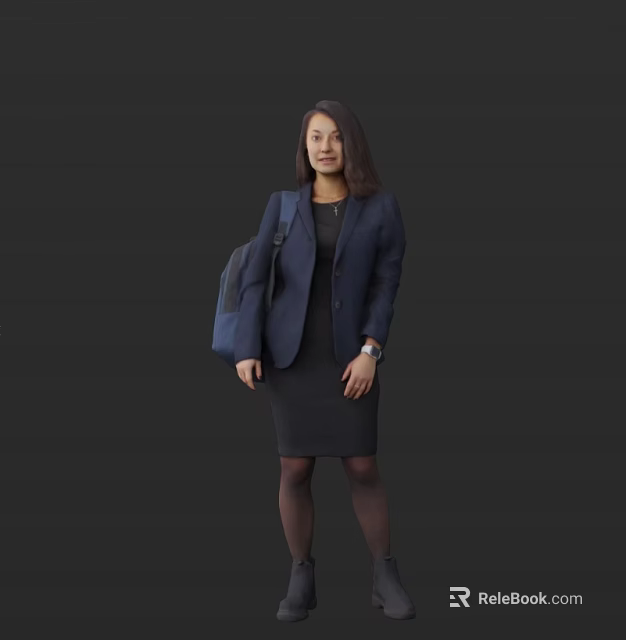 Woman in Dark Blue Blazer and Black Dress with Dark Blue Backpack Against Dark Background 3d model 