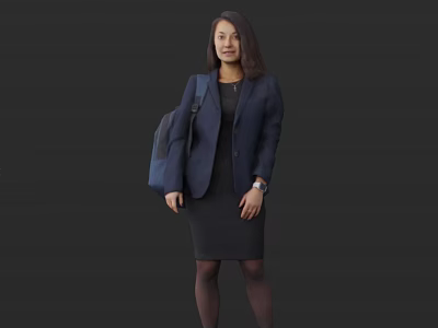 Woman in Dark Blue Blazer and Black Dress with Dark Blue Backpack Against Dark Background 3d model