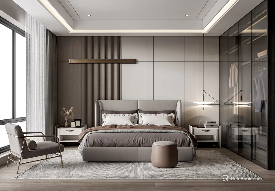 Modern Bedroom Interior With King Bed Nightstands Armchair Large Window Glass Wardrobe And Soft Rug 3d model 