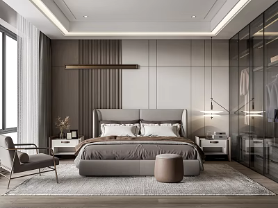 Modern Bedroom Interior With King Bed Nightstands Armchair Large Window Glass Wardrobe And Soft Rug 3d model