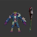 Mythical Warrior Creature With Red Head Blue Jacket Silver Decorations Red Hands Holding Battle Axe