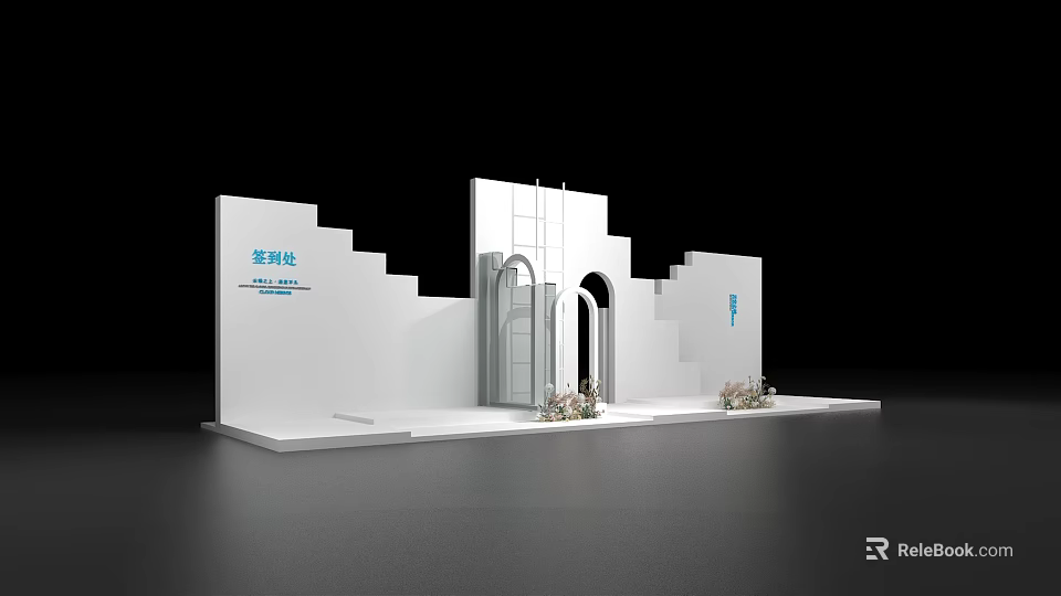Elegant White Sign In Booth With Steps Archway And Decorative Flowers 3d model 