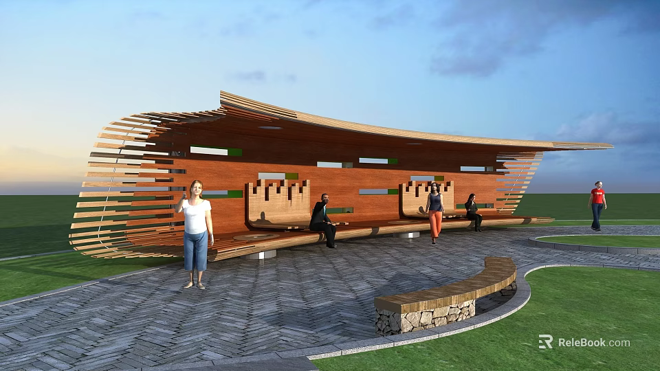 Modern Wooden Pergola With Curved Structure Benches And Stone Paved Lawn 3d model 