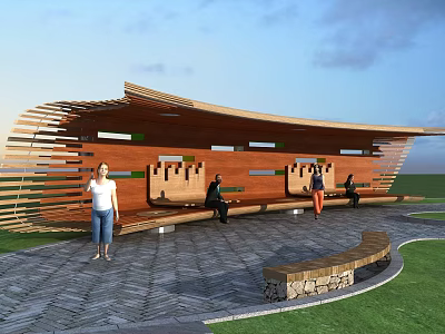 Modern Wooden Pergola With Curved Structure Benches And Stone Paved Lawn 3d model