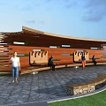 Modern Wooden Pergola With Curved Structure Benches And Stone Paved Lawn