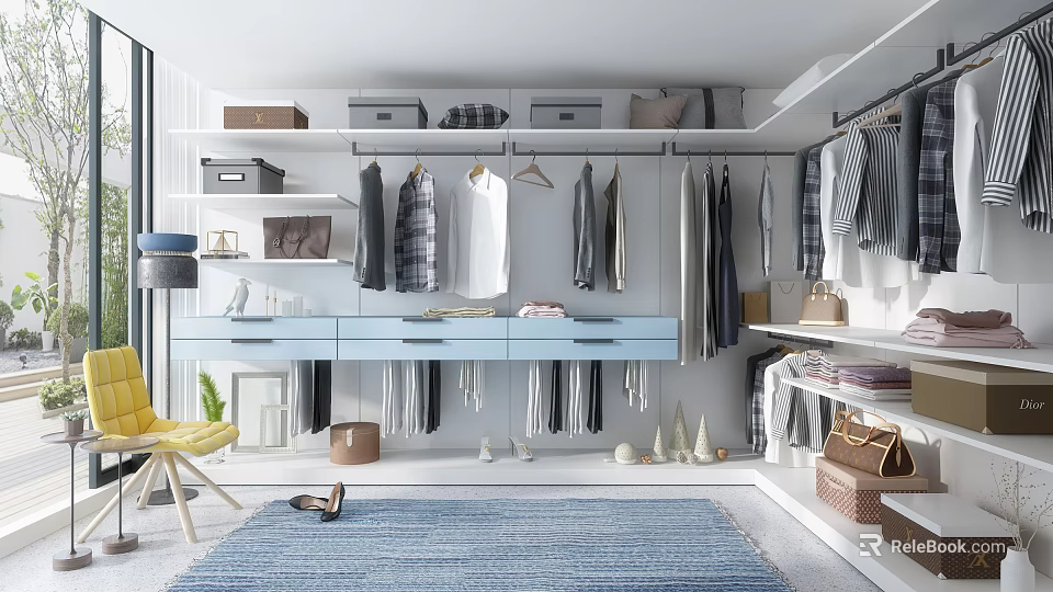 Modern Walk in Closet Interior With Hanging Clothes Drawer Cabinets And Storage Boxes 3d model 