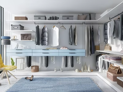 Modern Walk in Closet Interior With Hanging Clothes Drawer Cabinets And Storage Boxes 3d model