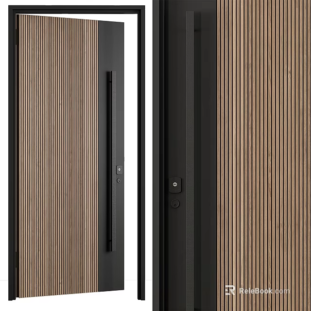 Contemporary Wooden Slat Swing Door With Black Frame Handle And Secure Lock Design 3d model 