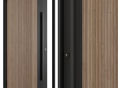 Contemporary Wooden Slat Swing Door With Black Frame Handle And Secure Lock Design 3d model