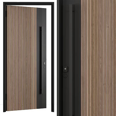 Contemporary Wooden Slat Swing Door With Black Frame Handle And Secure Lock Design 3d model