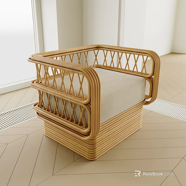 Single Rattan Sofa With Intricate Woven Frame And Light Beige Seat Cushion 3d model 