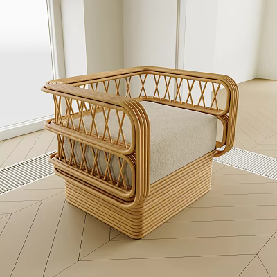Single Rattan Sofa With Intricate Woven Frame And Light Beige Seat Cushion 3d model