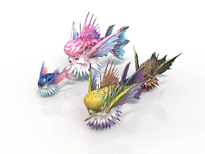 Colorful Decorative Fish Figures with Vibrant Fins Spikes and Multicolored Bodies 3d model