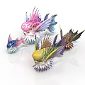 Colorful Decorative Fish Figures with Vibrant Fins Spikes and Multicolored Bodies