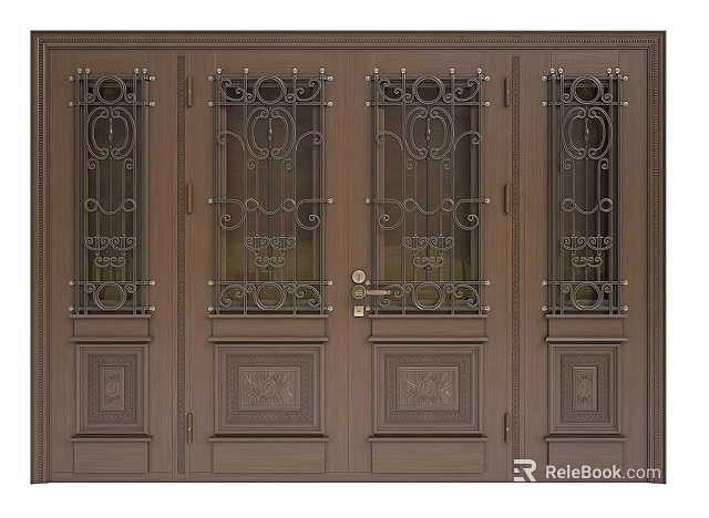 Elegant Double Doors With Ornate Wrought Iron Grilles And Glass Panels 3d model 