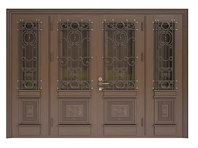 Elegant Double Doors With Ornate Wrought Iron Grilles And Glass Panels 3d model