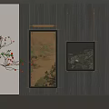 Traditional Chinese Landscape Painting Hanging On Wall With Black Frame And Decorative Red Berry Plant