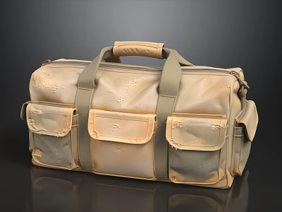 Beige Duffel Bag With Multiple Pockets Shoulder Strap And Durable Handles 3d model