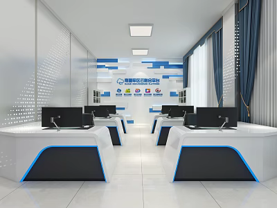 Modern Public Office Space With Bright Open Layout White Desks Computer Monitors And Blue Accents 3d model