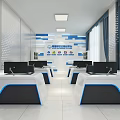 Modern Public Office Space With Bright Open Layout White Desks Computer Monitors And Blue Accents