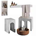 Elegant Marble Bathroom Accessories With Arched Stands Towels Storage Basket And Bottles