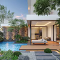 Modern Courtyard Garden With Swimming Pool Wooden Deck Lounge Chairs Green Plants And Stone Wall