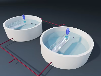 White Circular Industrial Equipment With Water Blue Devices And Red Pipes 3d model