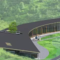 Modern Visitor Center with Lake Reflection and Scenic Grassland Near Hills Under Cloudy Sky