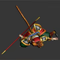 Mythical Warrior Character With Colorful Armor Red Staff And Green Pants