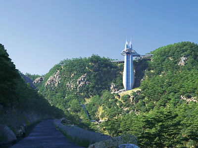 Scenic Mountain Landscape With Tall Tower And Lush Green Forested Hills Along Winding Road 3d model