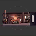 Cartoon Room Scene With Purple Pink Interior Vintage Piano Wooden Desk And Cozy Sofa