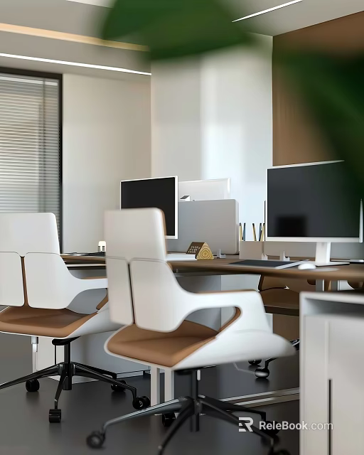 Modern Office Desk Setup With Multiple Monitors White Chairs With Brown Seats And Pen Holder 3d model 