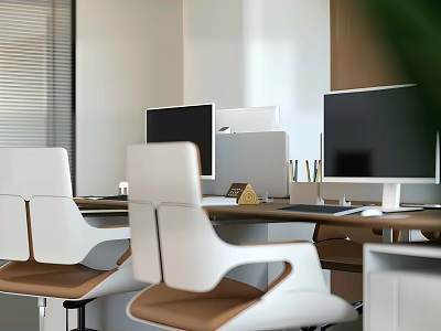 Modern Office Desk Setup With Multiple Monitors White Chairs With Brown Seats And Pen Holder 3d model