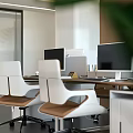 Modern Office Desk Setup With Multiple Monitors White Chairs With Brown Seats And Pen Holder
