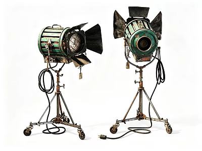 Vintage Industrial Floor Lamps with Green Shades Metal Stands and Wheels 3d model