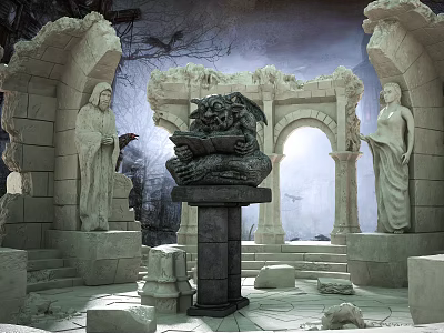 Gothic Sculpture Carving Featuring Demon Statue Reading On Stone Pedestal With Archway And Ruins 3d model