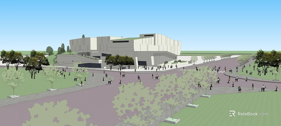 Modern Large Outdoor Public Building Plaza With People Trees And Green Lawns 3d model 