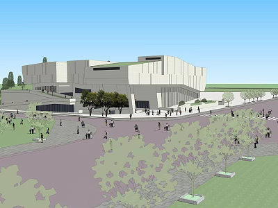 Modern Large Outdoor Public Building Plaza With People Trees And Green Lawns 3d model
