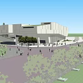 Modern Large Outdoor Public Building Plaza With People Trees And Green Lawns
